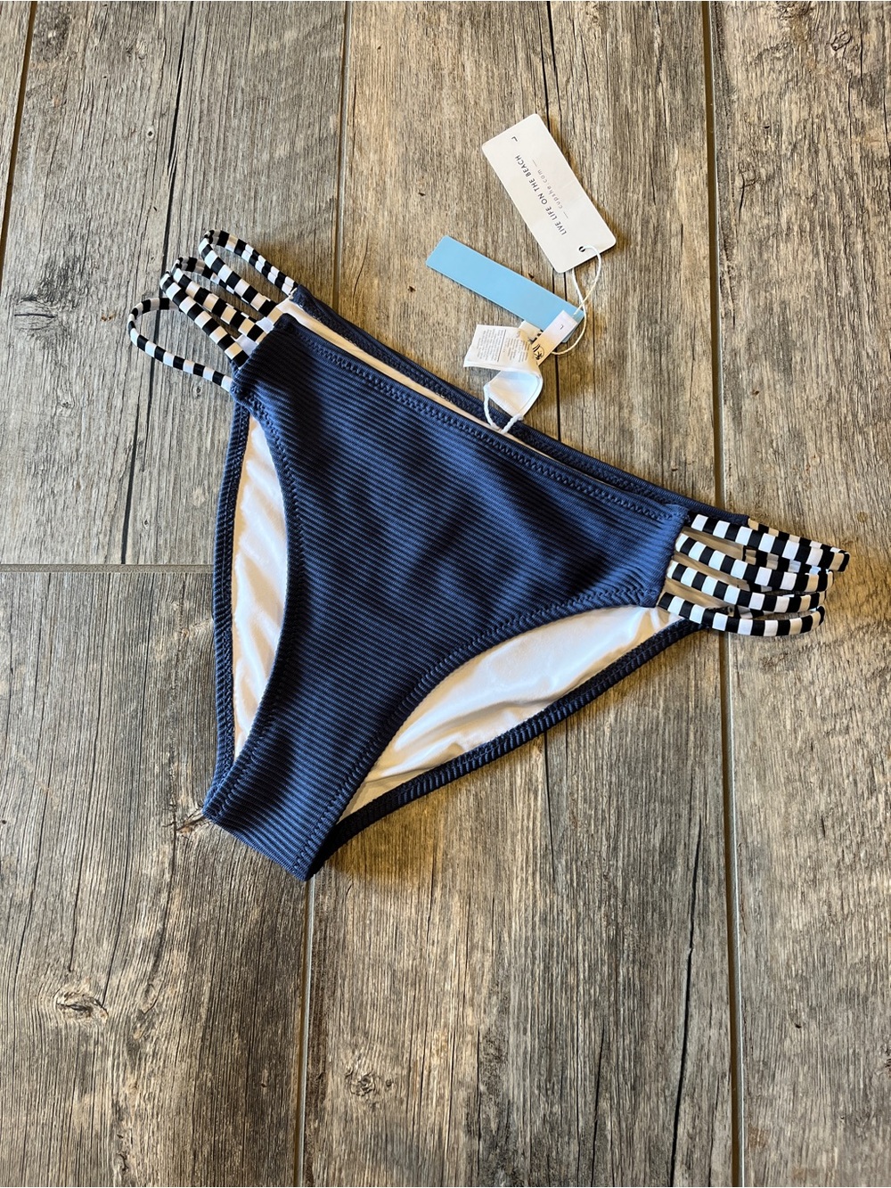 Cupshe Navy Ribbed Bikini Bottom with Navy-and-White Striped Side Straps